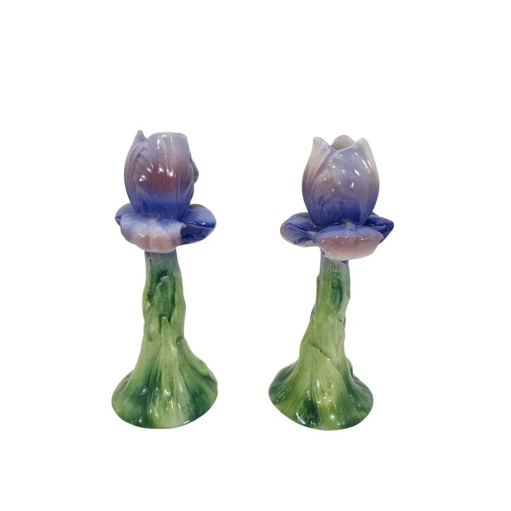 Vintage Ancora Iris Flower Candle Holders Handpainted Italy Blue Purple Green